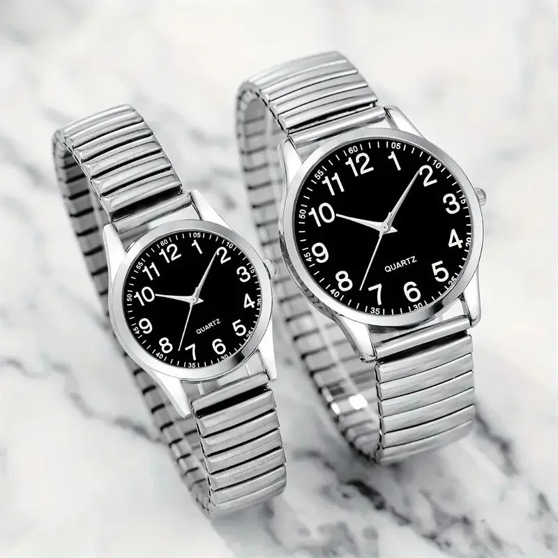 RBB 2PCS Unisex Black Quartz Watch Set – Elastic Band, Arabic Numerals, Matching Couple Watches