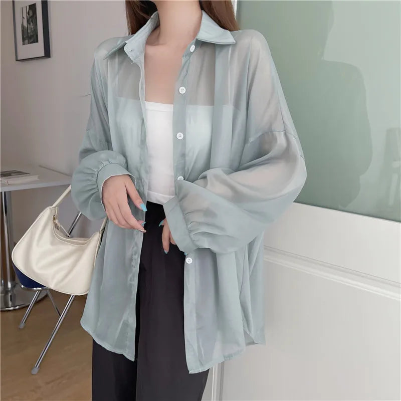 RBB Women’s Semi-Sheer Shimmer Long Sleeve Shirt – Lightweight Button-Down Collared Top for Spring/Summer