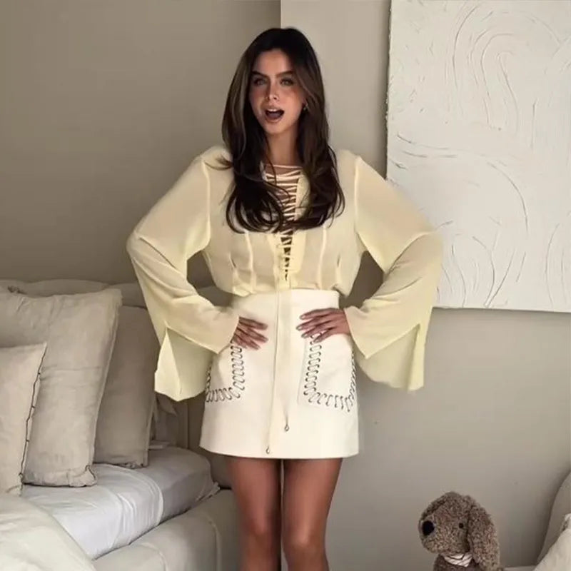 Women Casual Yellow Ruffles Tops Fashion V Neck Lace Up Long Sleeve Loose T Shirt 2025 Summer Lady High Street Commute Clothing