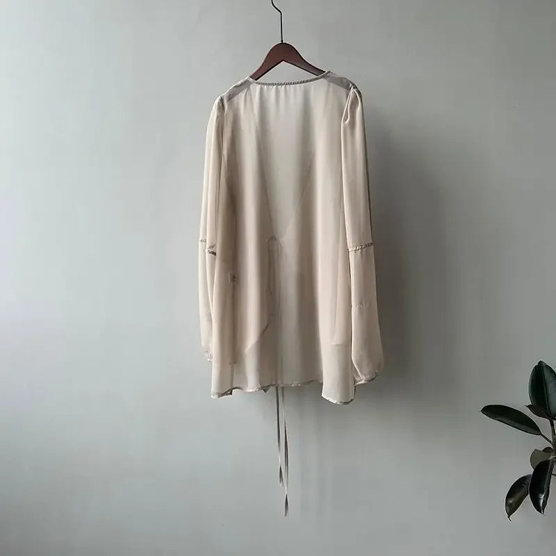 RBB Women's V-Neck Chiffon Shirt – Loose Fit Lace-Up Long Sleeve Summer Blouse