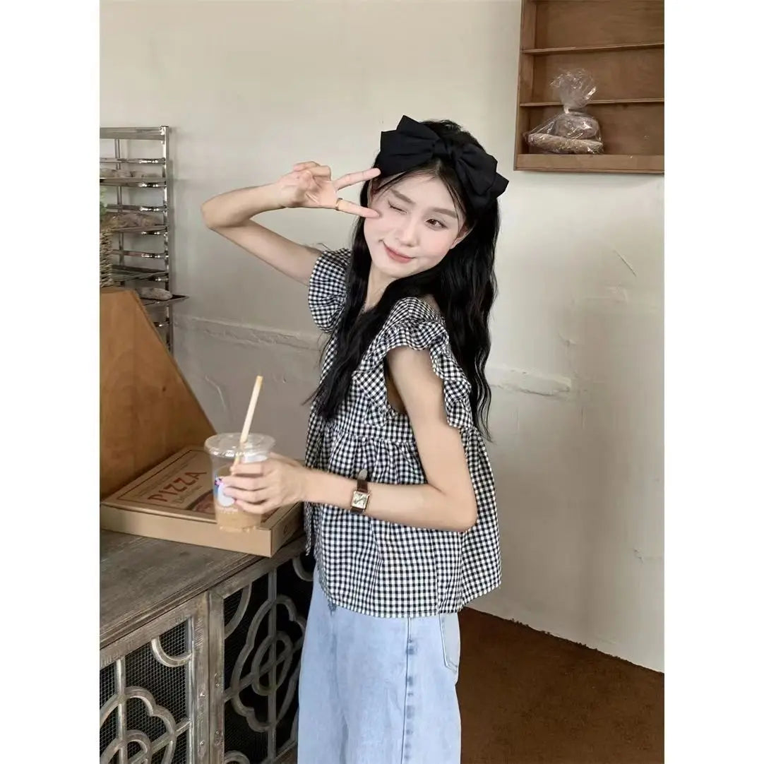 Women's Korean Style Cotton Summer Shirt - Breathable Square Neck Checkered Cute Loose Top with Small Flutter Sleeve