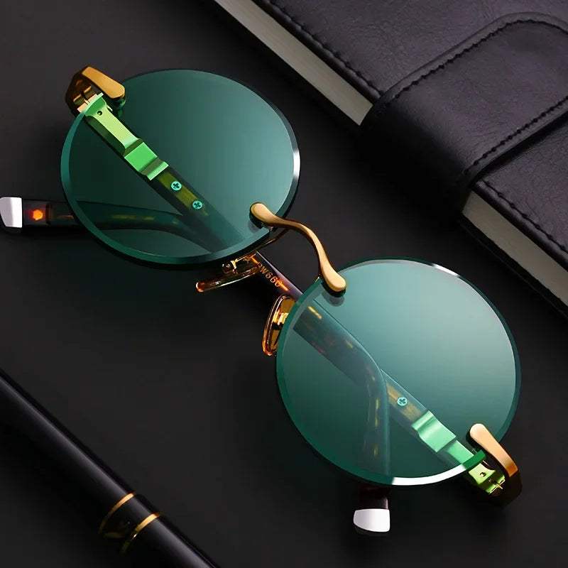 RBB Classic Rimless Retro Round Sunglasses – Unisex Crystal Frame with Dark Green Lenses