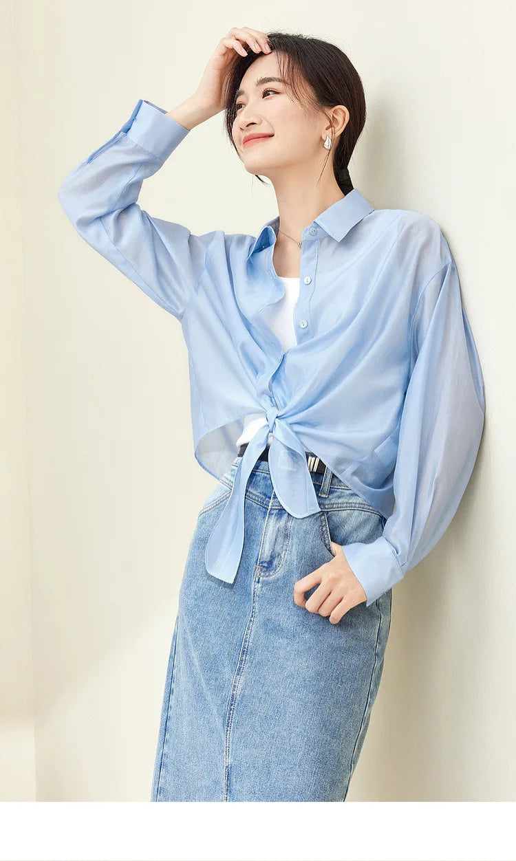 SENTUBILA Sheer Knot Shirts Women 2025 Elegant Casuals Long Drop Sleeve Button Up Shirts & Blouses Female Clothes 132C48674