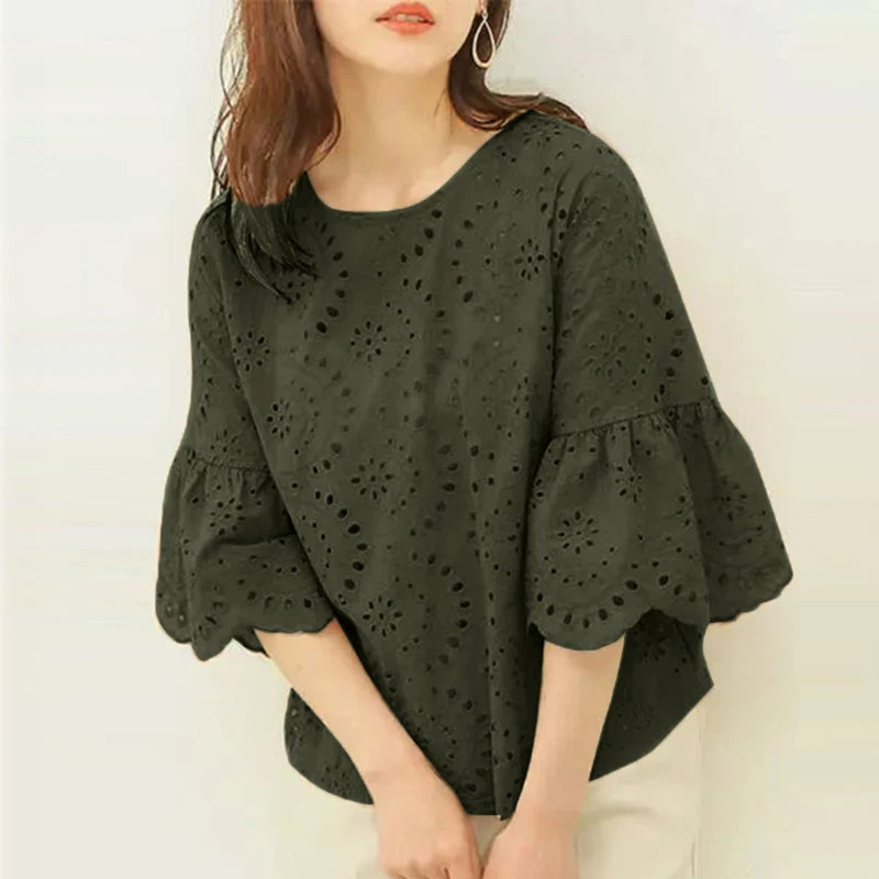 ZANZEA Fashion Summer 3/4 Sleeve Hollow Out Blouse Women Elegant Lace Crochet Tops Casual Loose Embroidery Shirt Work Blusas
