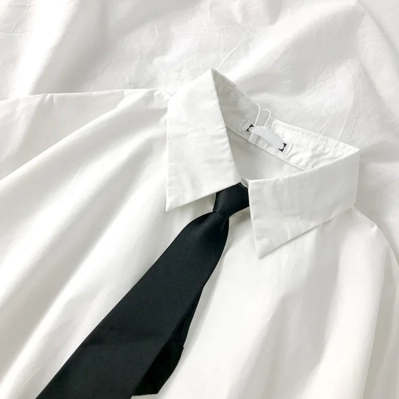 DAYIFUN 2025 White Shirt Women Blusas Short Sleeve Lapel Blouse with Tie Japanese Fashion Student Summer Daily College Style Top