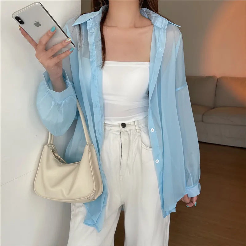 RBB Women’s Semi-Sheer Shimmer Long Sleeve Shirt – Lightweight Button-Down Collared Top for Spring/Summer
