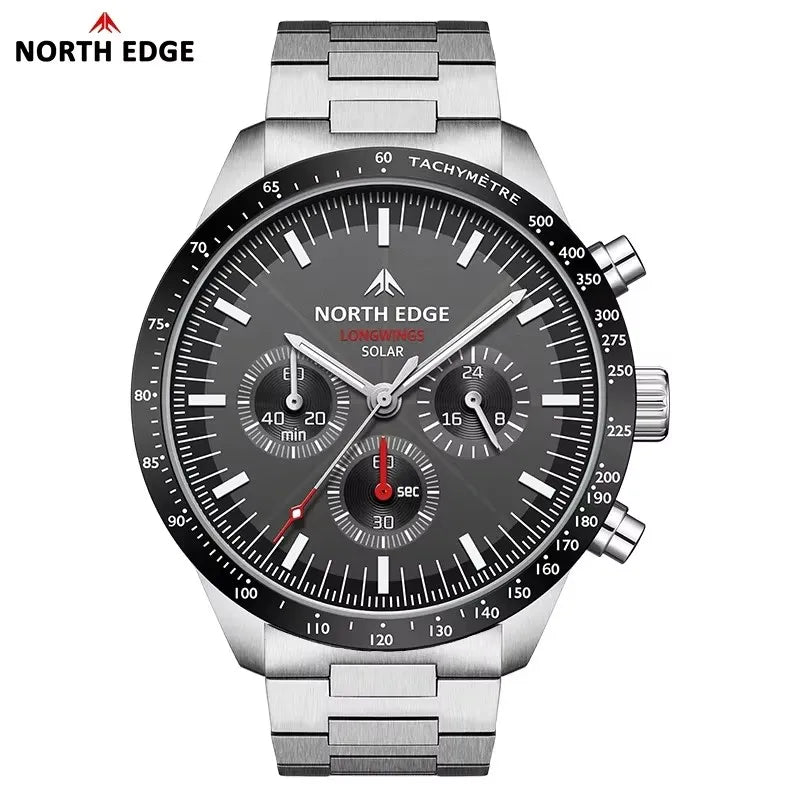 RBB Men’s 2025 Longwings Solar Quartz Pilot Watch – Stopwatch, Luminous, 50M Waterproof, Full Stainless Steel