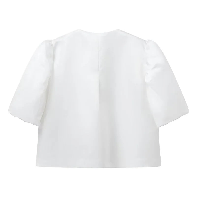 Spring Summer New Women's Fashion Casual Shirt Satin Bubble Sleeves Round Neck Loose Short Top Female Elegant Solid Blouses