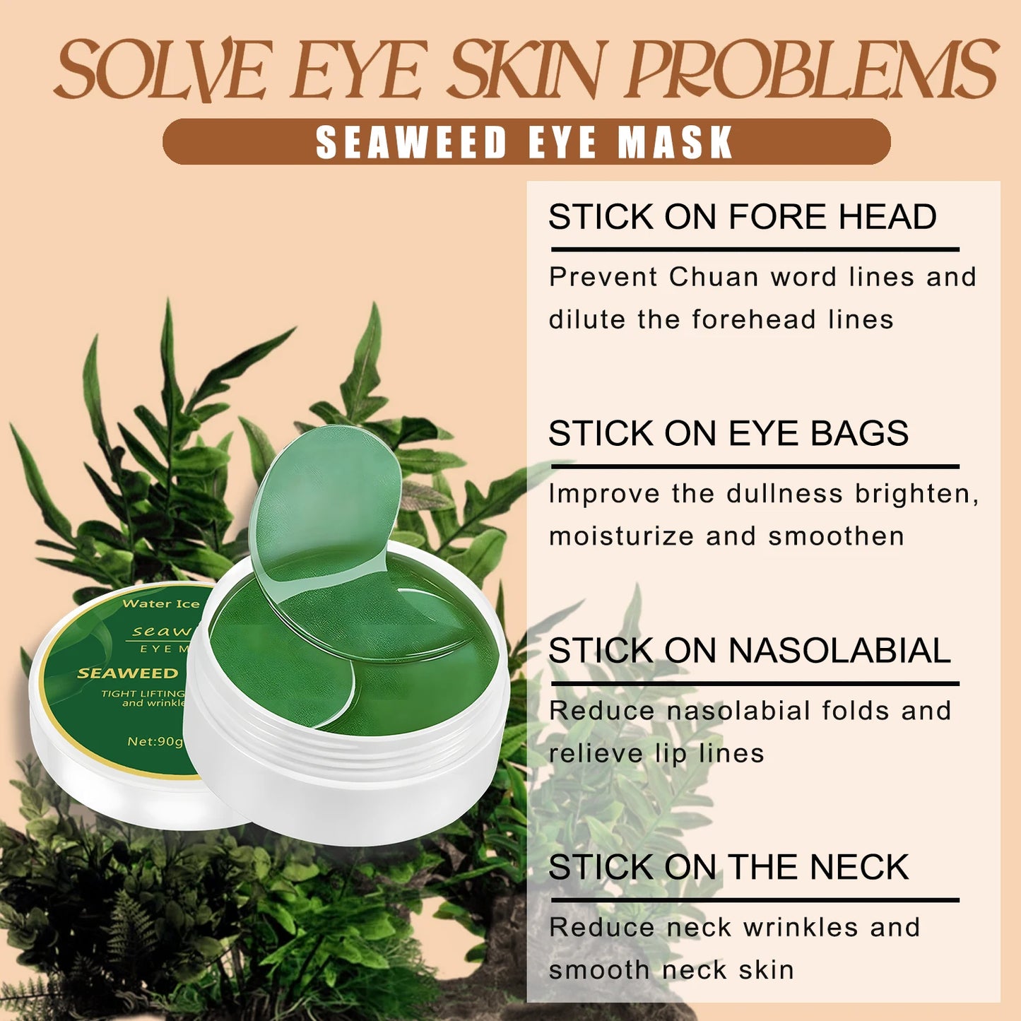 60pcs Seaweed Hyaluronic Acid Eye Masks – Dark Circle Removal & Collagen Eye Patches