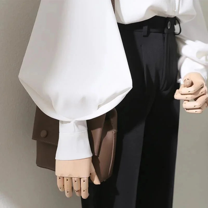 RBB Women's Lantern Sleeve Blouse – Elegant Stand Collar Loose Shirt for Spring & Autumn