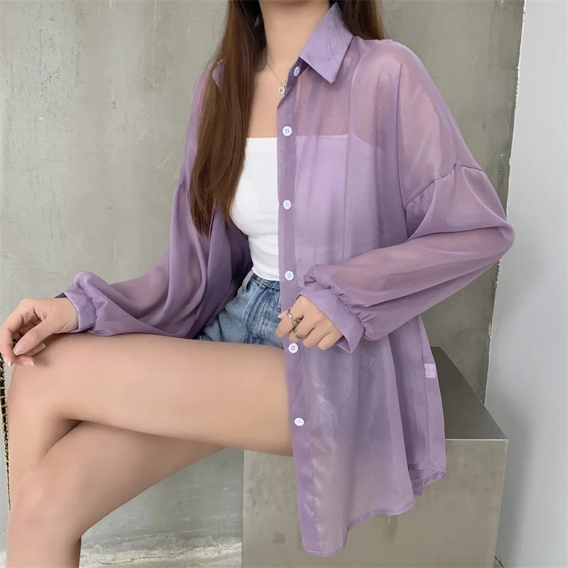 RBB Women’s Semi-Sheer Shimmer Long Sleeve Shirt – Lightweight Button-Down Collared Top for Spring/Summer