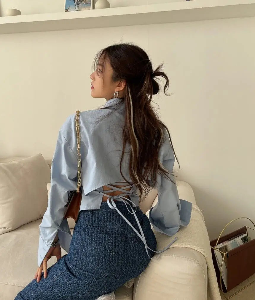 Chic Chiffon Shirts Women Criss-cross Drawstring Backless Trendy Design Turn-down Collar Single Breasted Ladies Solid Crop Tops
