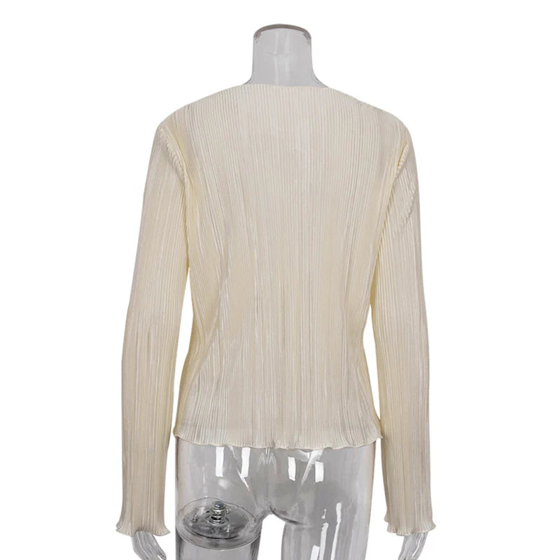 RBB Women's Pleated V-Neck Blouse – Long Flare Sleeve Tie-Up Cardigan Top