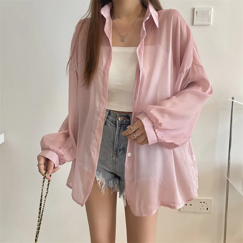 RBB Women’s Semi-Sheer Shimmer Long Sleeve Shirt – Lightweight Button-Down Collared Top for Spring/Summer