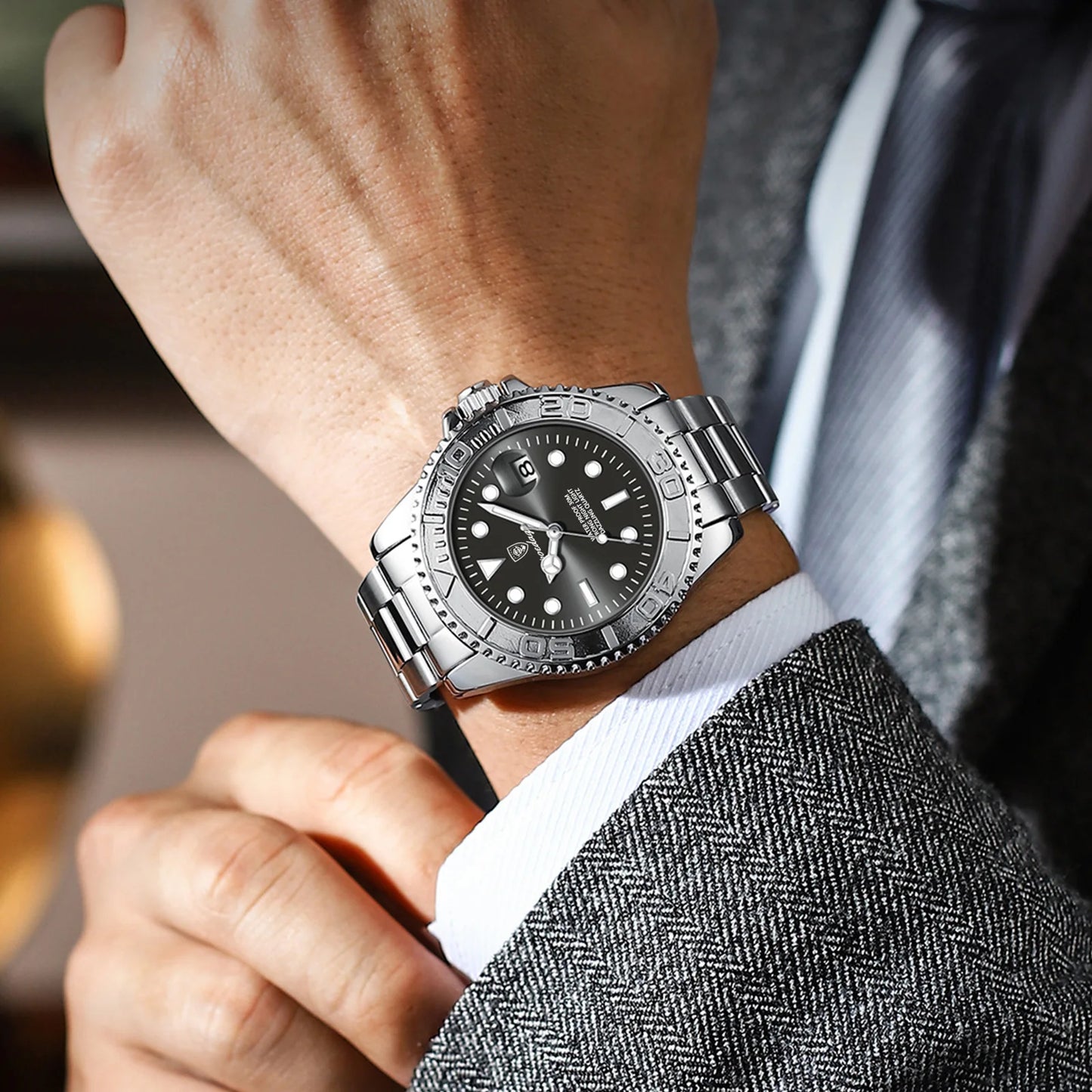 RBB Men’s Waterproof Luminous Stainless Steel Quartz Watch – Business Date Wristwatch with Gift Box