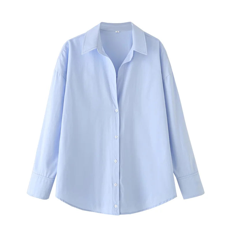 TRAF 2025 Women's Shirt Long Blue Shirt Women Spring Long Sleeve Oversize Shirts Blouses Korean Style Casual Button Up Shirts