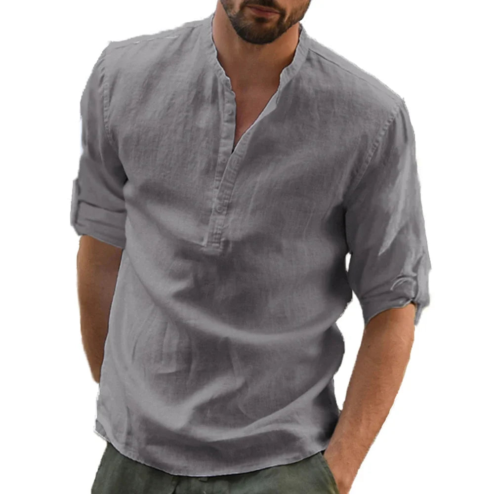 RBB Men’s Cotton Linen Long Sleeve Shirt – Summer Solid Color, Stand-Up Collar