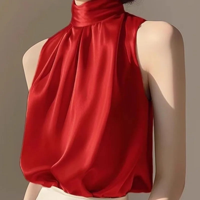 RBB Women's Silky Satin Sleeveless Crop Top – Summer Half Turtleneck Party Blouse