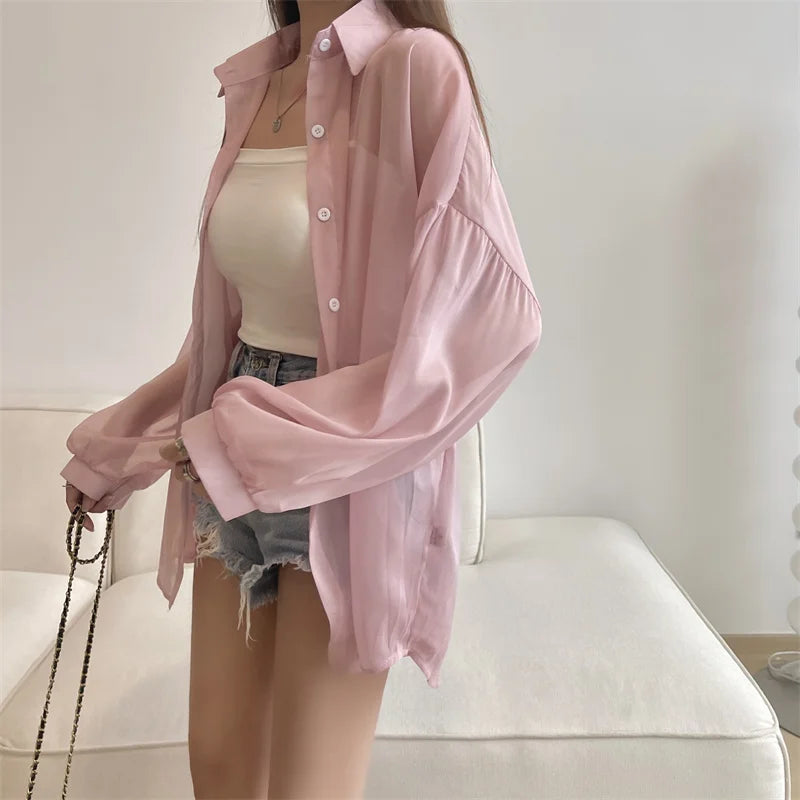 RBB Women’s Semi-Sheer Shimmer Long Sleeve Shirt – Lightweight Button-Down Collared Top for Spring/Summer