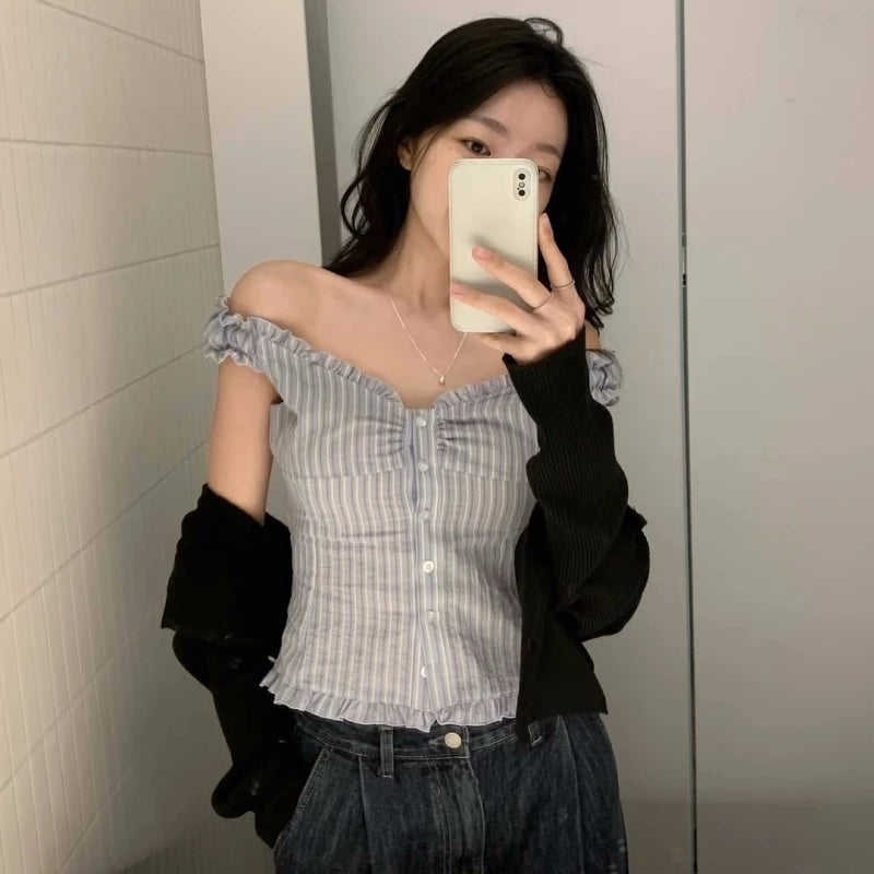 RBB Women's Striped Lace Trim Shirt – Slim Fit Cotton Long Sleeve Blouse
