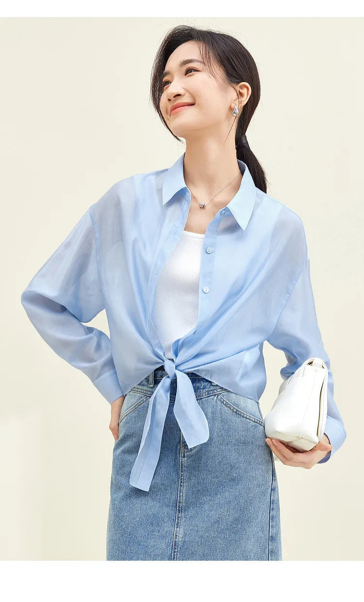 SENTUBILA Sheer Knot Shirts Women 2025 Elegant Casuals Long Drop Sleeve Button Up Shirts & Blouses Female Clothes 132C48674