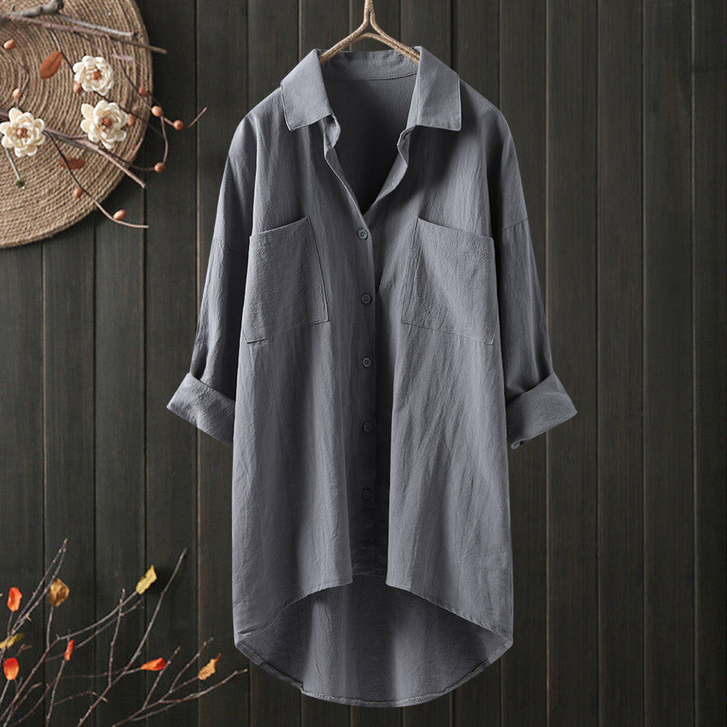 Elegant and Youth Woman Blouses Casual Home Cotton Linen Large Size Single Breasted Commuting Style Long Sleeved Shirt