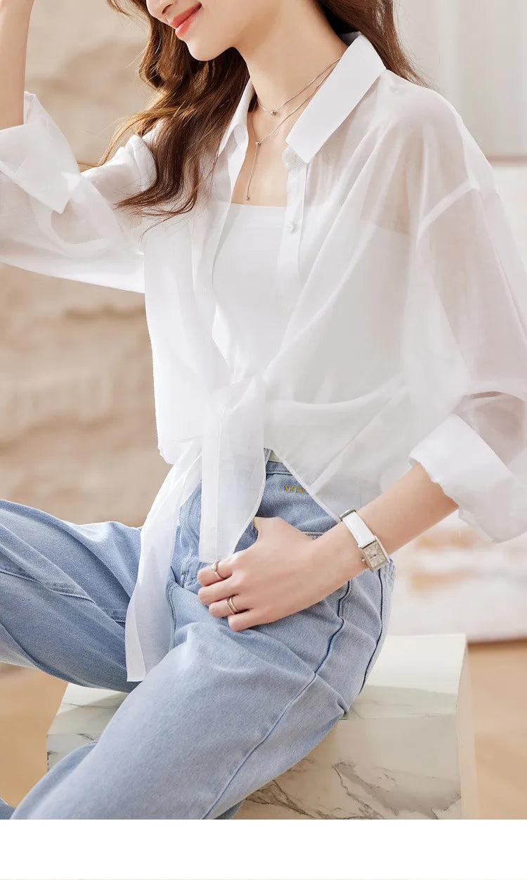 SENTUBILA Sheer Knot Shirts Women 2025 Elegant Casuals Long Drop Sleeve Button Up Shirts & Blouses Female Clothes 132C48674