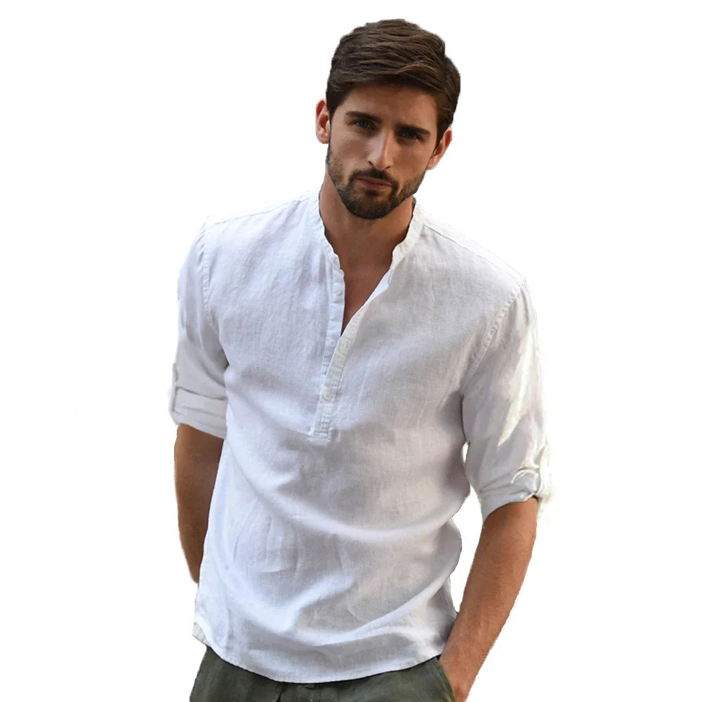 RBB Men’s Cotton Linen Long Sleeve Shirt – Summer Solid Color, Stand-Up Collar