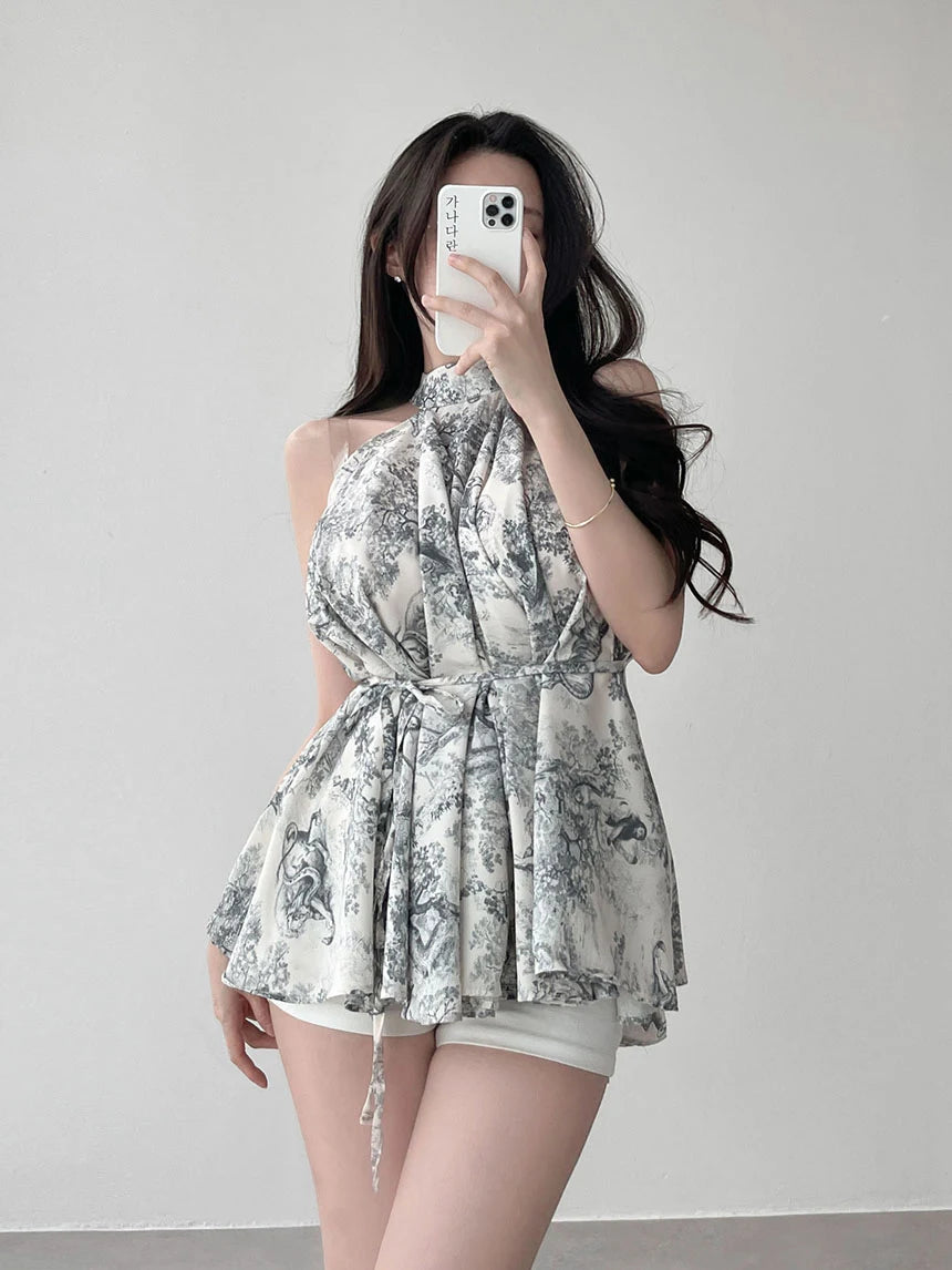 Kimotimo Summer Vintage Stand Collar Print Ladies Tops Korean Chic Lace Up Waist Halter Chiffon Blouses Elegant Fashion Shirts
