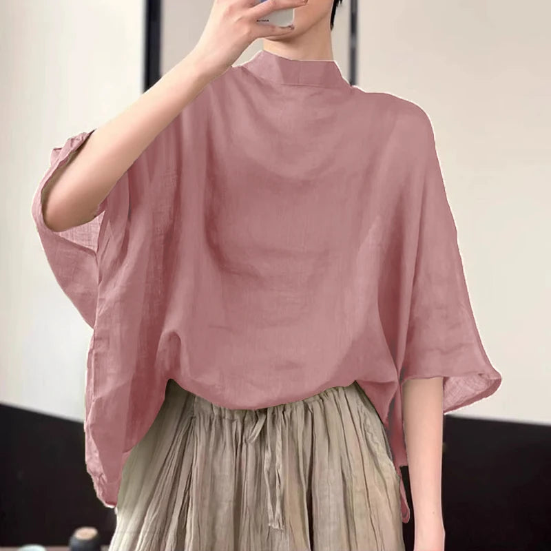 ZANZEA Women Bat Half Sleeve Blouse Summer Asymmetrical Tops 2024 Thin Stand Collar Tunic Casual Loose Transparent Tops Oversize