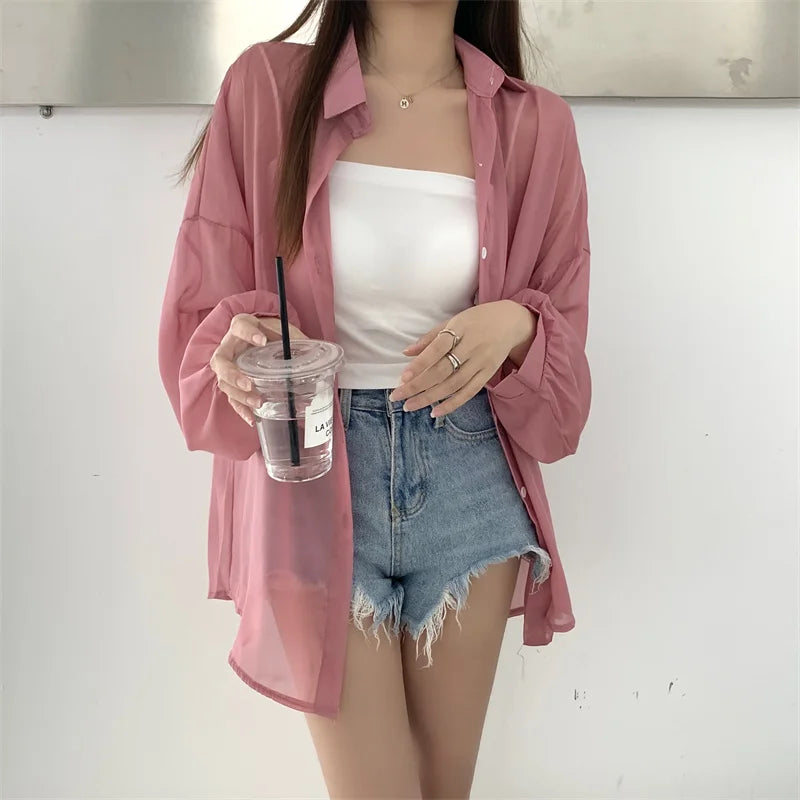 RBB Women’s Semi-Sheer Shimmer Long Sleeve Shirt – Lightweight Button-Down Collared Top for Spring/Summer