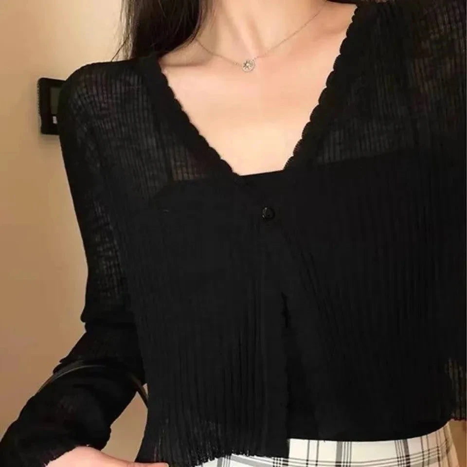JOEVILU Thin Sunscreen Shirt Women's Summer Outerwear Crop Tops Hollow Out White Long-sleeved Cardigan Elegant Casual Shawl Coat