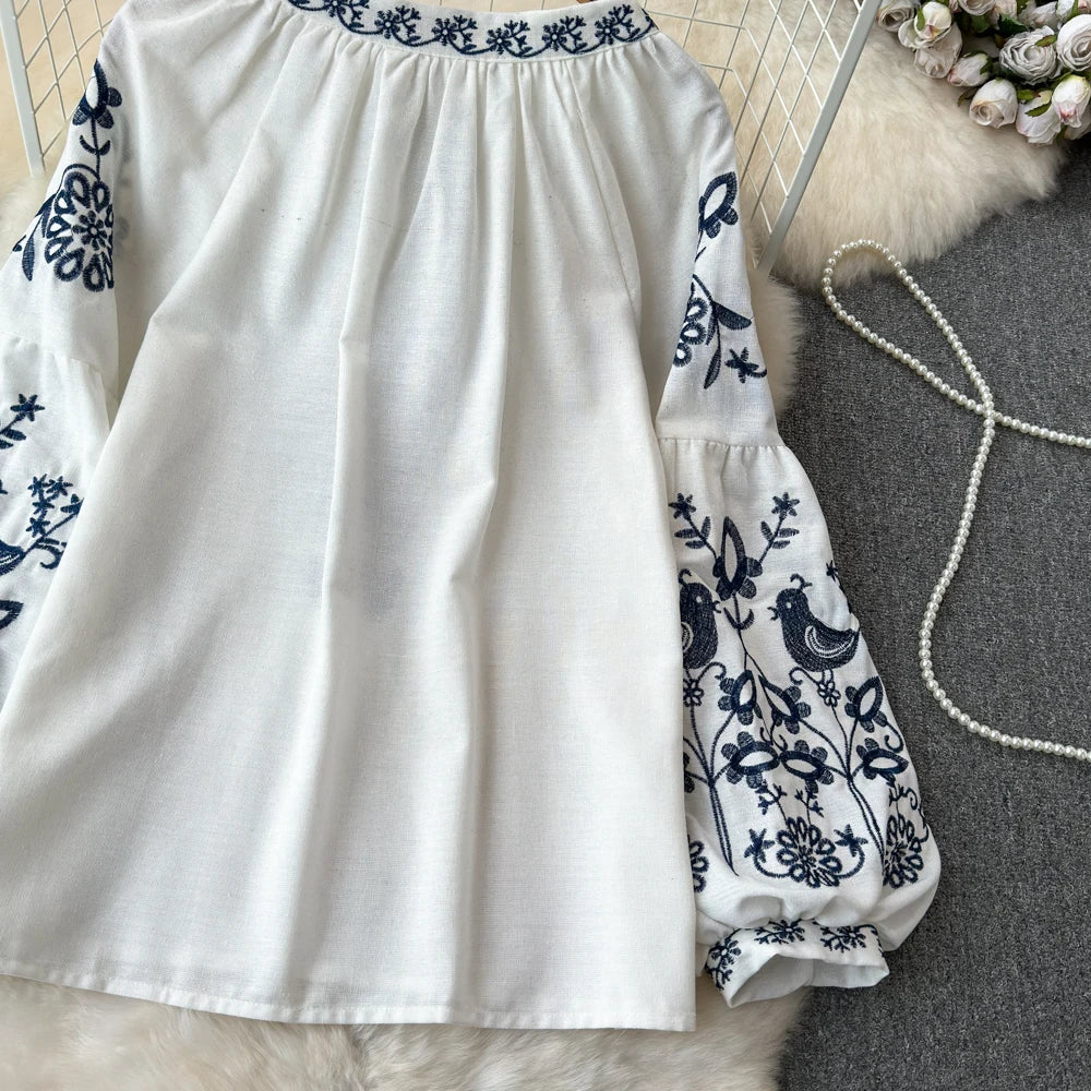 RBB Women's Retro Ethnic Embroidered Shirt – Style Loose Long Sleeve Blouse
