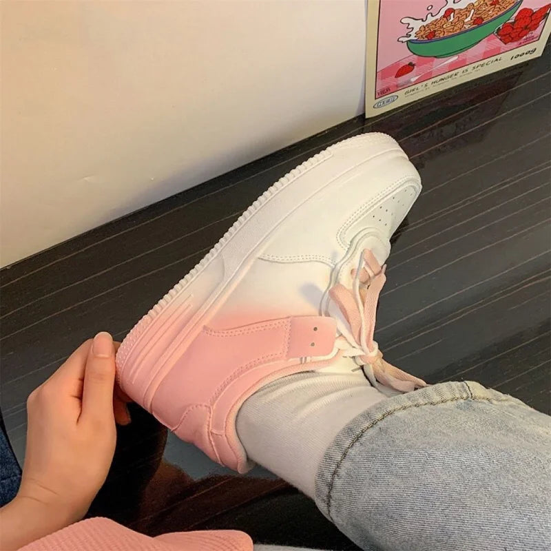 Women’s Casual White Flat Shoes – Spring & Summer 2023, Lightweight Lace-Up Board Sneakers for Students