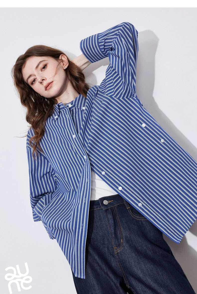 TOYOUTH Women Blouse Shirt 2025 Spring New Lyocell Long Sleeve Striped Cotton Sunscreen OL Shirt Tops