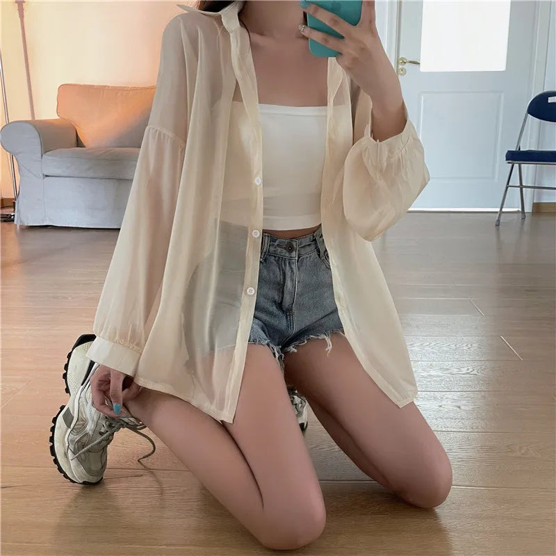 RBB Women’s Semi-Sheer Shimmer Long Sleeve Shirt – Lightweight Button-Down Collared Top for Spring/Summer