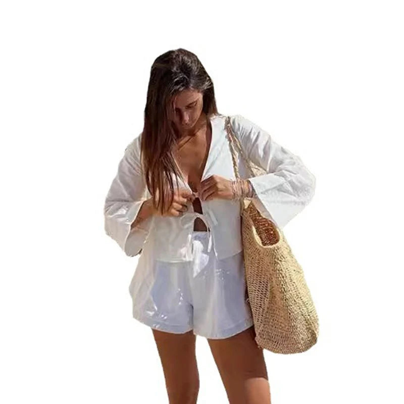 2024 Summer White Lace Up Shirts For Women‘s Elegant Loose Long Sleeve V-neck Blouse Female Solid Causal Street Chic lady Tops
