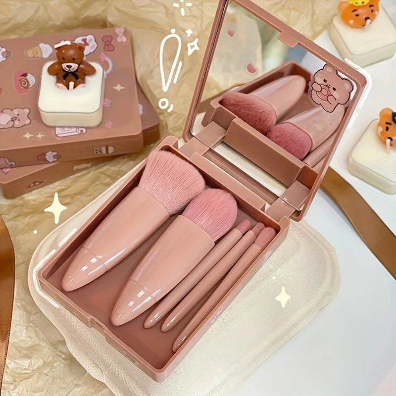Portable Makeup Brush Kit – 5 Pcs with Foldable Mirror