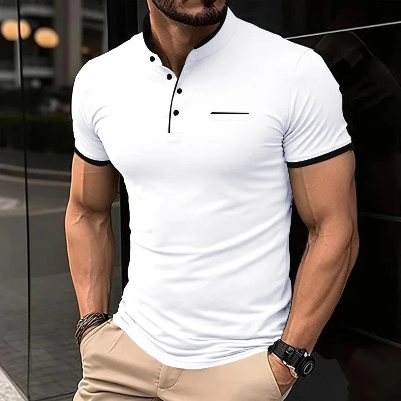 RBB 2025 Men’s Casual Fashion Stand-Up Collar Polo – Solid Color, Short Sleeve, Summer Versatile & Comfortable Top