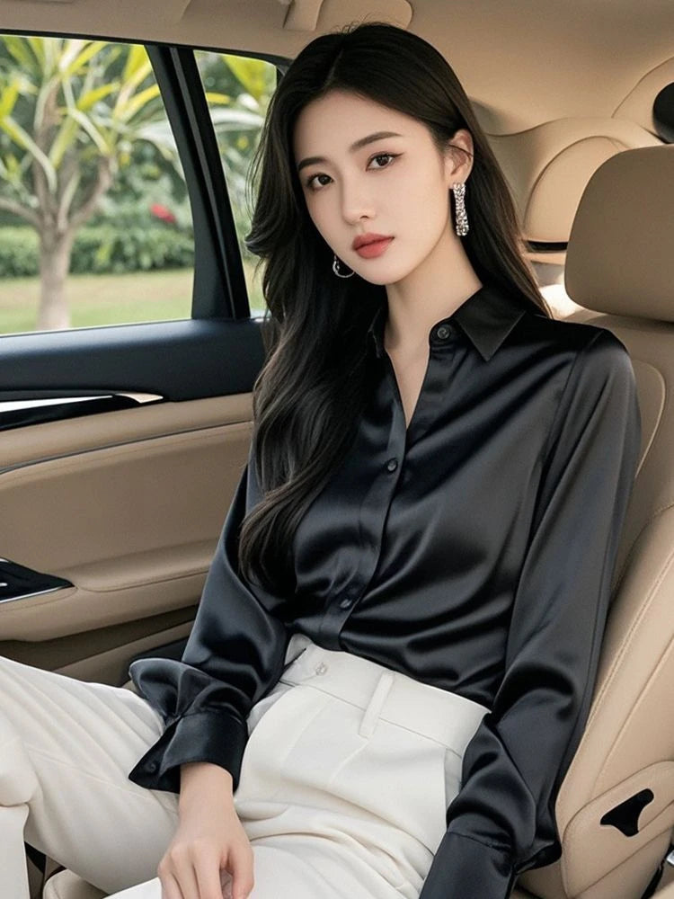 Elegant Silk Office Shirts Women Korean Fashion Y2k Clothes Slim Long Sleeve White Black Blusas Mujer Workwear Tops and Blouses
