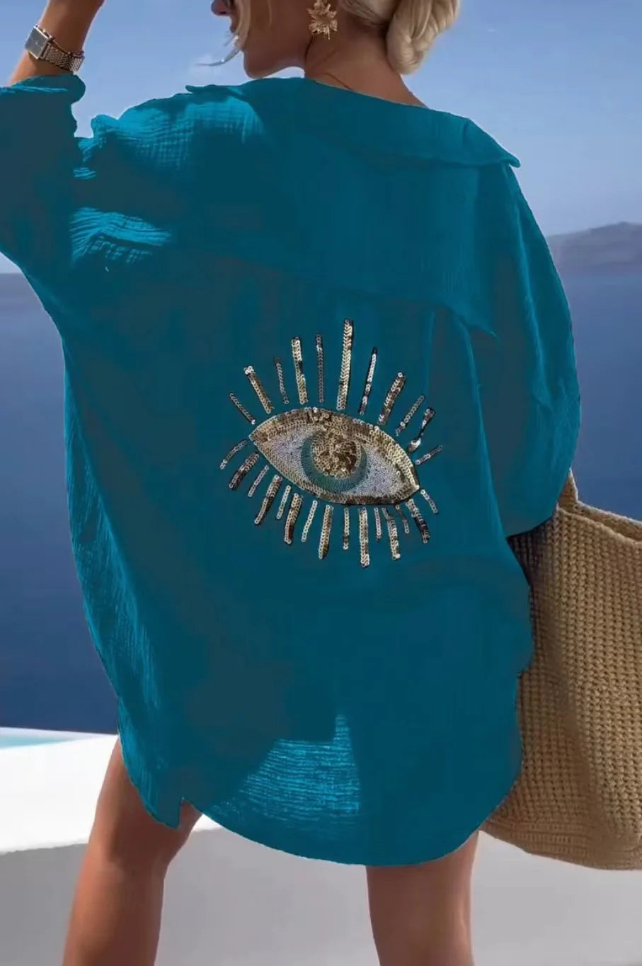 RBB Women's Sequin Evil Eye Shirt – Long Sleeve Loose Cotton Blouse