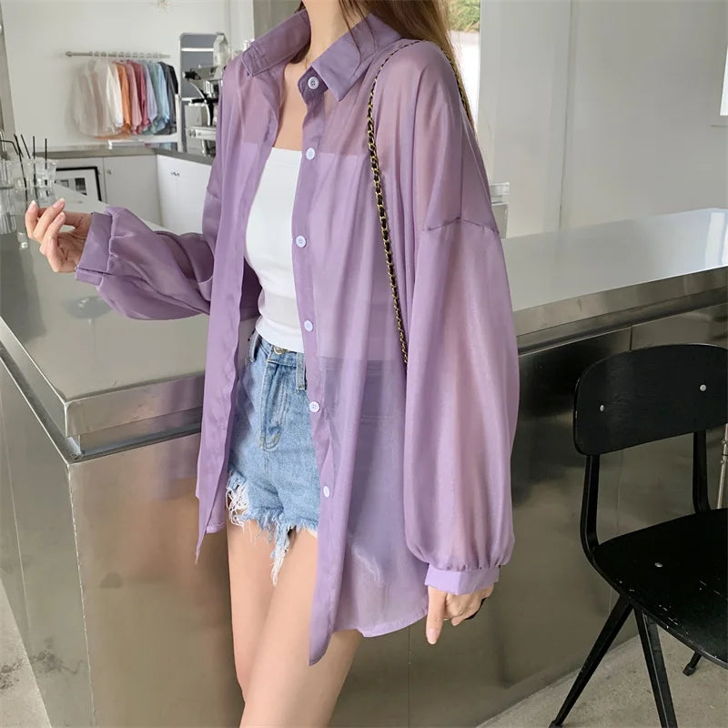 RBB Women’s Semi-Sheer Shimmer Long Sleeve Shirt – Lightweight Button-Down Collared Top for Spring/Summer