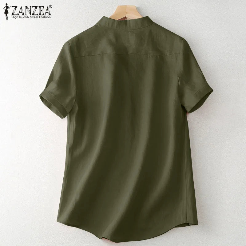 ZANZEA Summer Elegant Loose Chemise Cotton Blouse Vintage OL Work Tunic Tops Women Casual Solid Shirt V Neck Short Sleeve Blusas