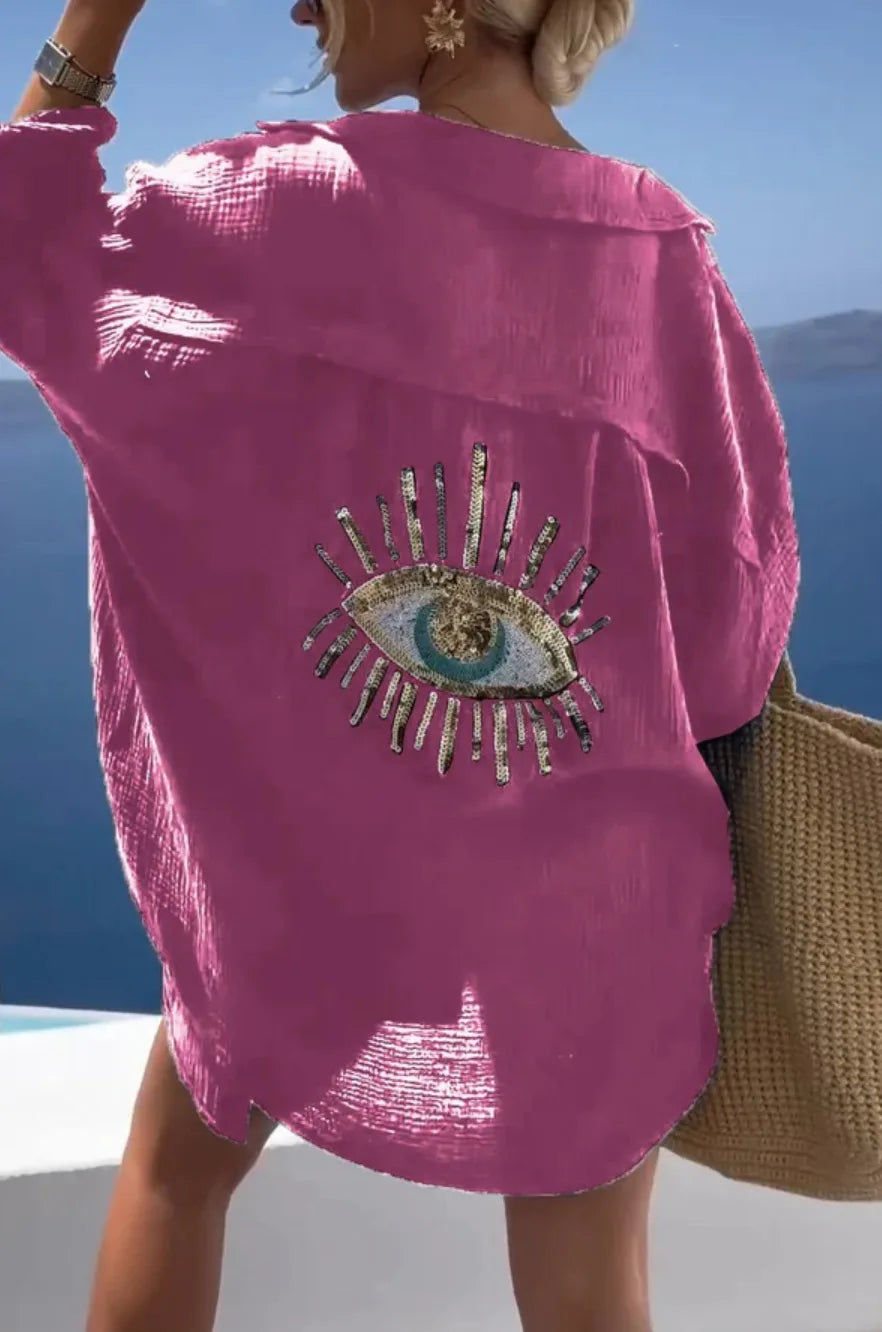 RBB Women's Sequin Evil Eye Shirt – Long Sleeve Loose Cotton Blouse
