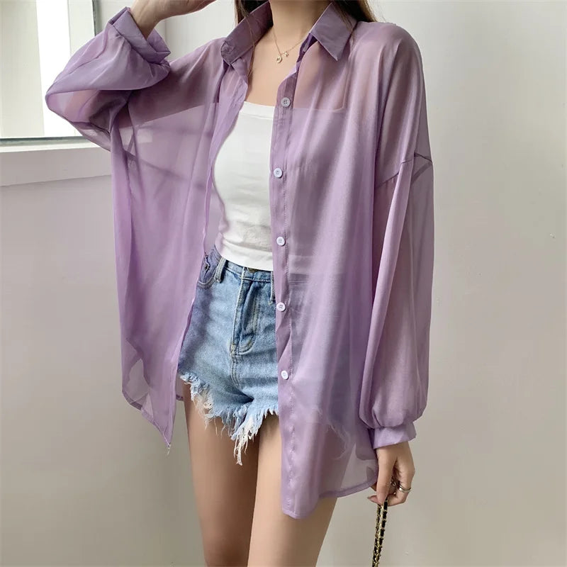 RBB Women’s Semi-Sheer Shimmer Long Sleeve Shirt – Lightweight Button-Down Collared Top for Spring/Summer