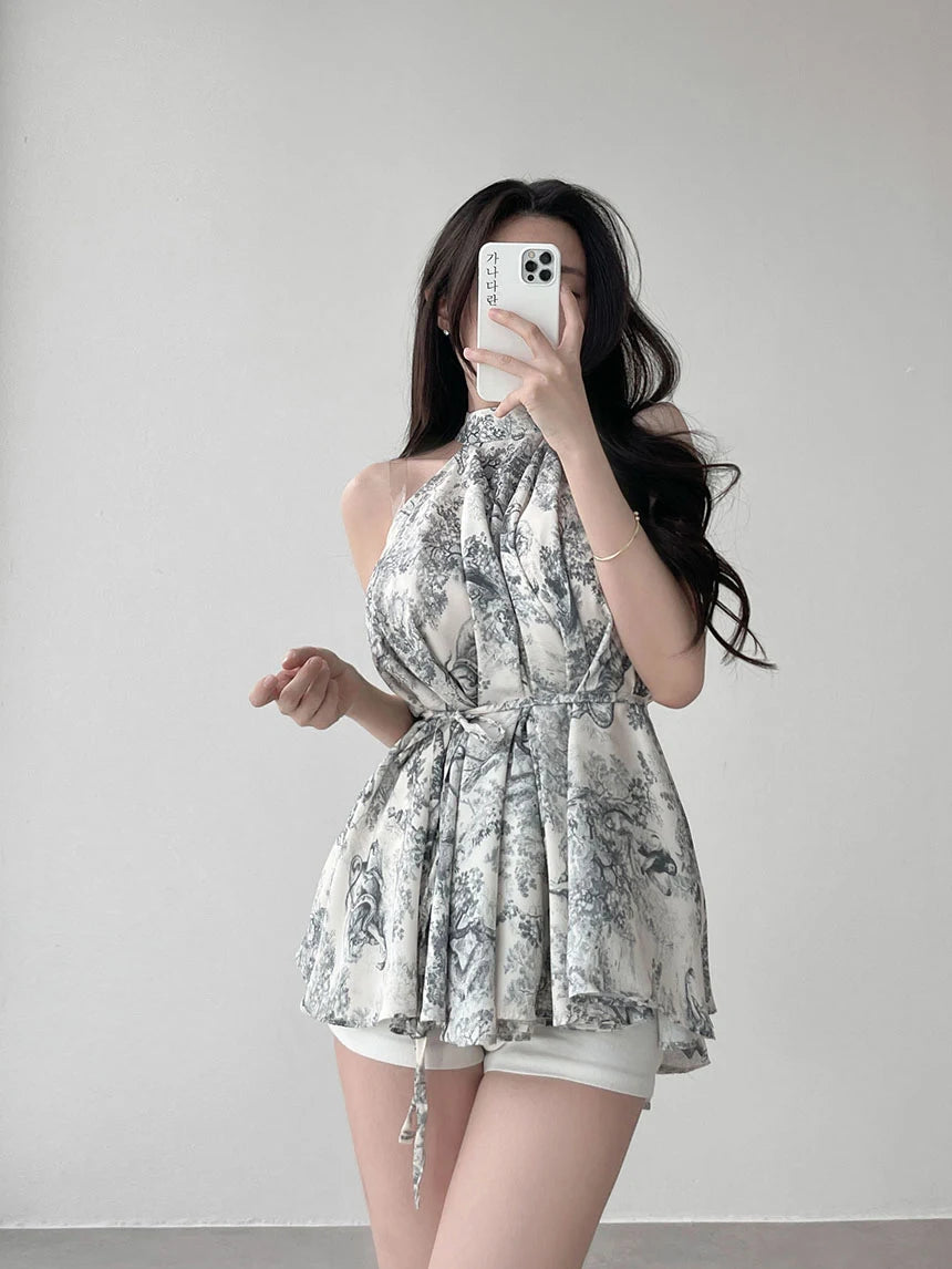 Kimotimo Summer Vintage Stand Collar Print Ladies Tops Korean Chic Lace Up Waist Halter Chiffon Blouses Elegant Fashion Shirts