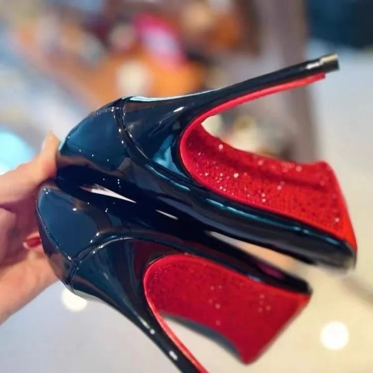 RBB Rhinestone Black Patent Pointed-Toe High Heels – Sexy Slim Wedding & Party Pumps