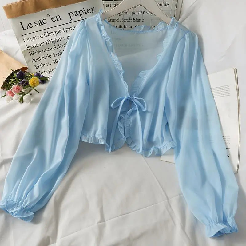 RBB Women's Breathable Lace Ruffle Cardigan Blouse – Long Sleeve Sun-Protection Top