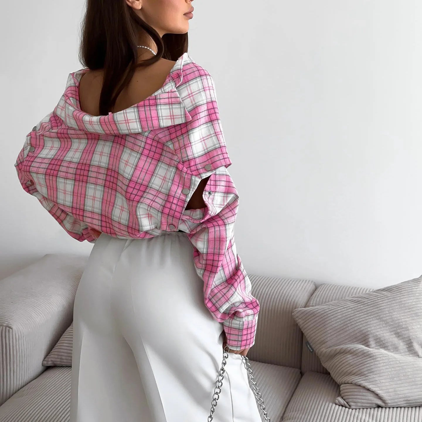 Tossy Casual Printed Patchwork Shirts Top Female Patchwork Lapel Loose Contrast Long Sleeve Elegant Coat For Women Summer Top