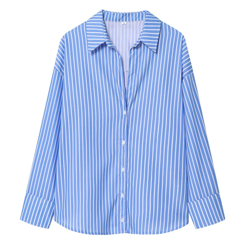 TRAF 2025 Women's Shirt Long Blue Shirt Women Spring Long Sleeve Oversize Shirts Blouses Korean Style Casual Button Up Shirts